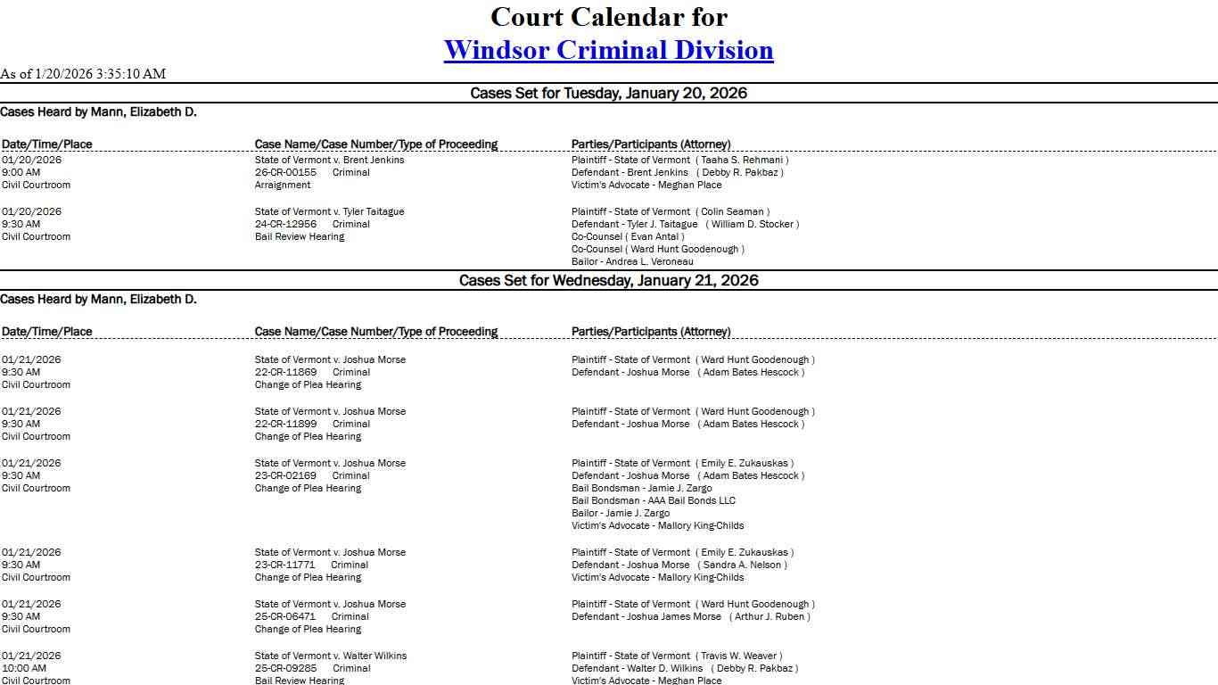 Windsor Criminal Division Calendar