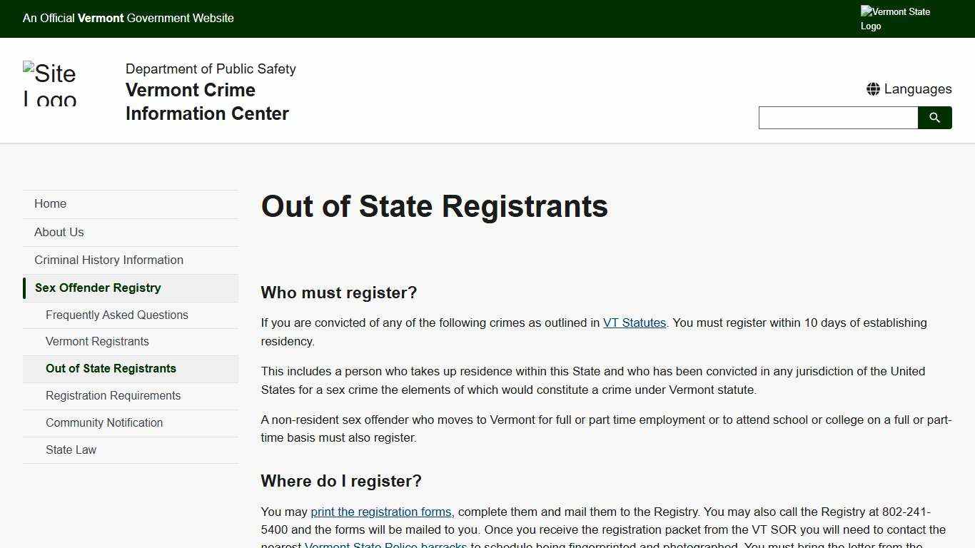 Out of State Registrants | Vermont Crime Information Center